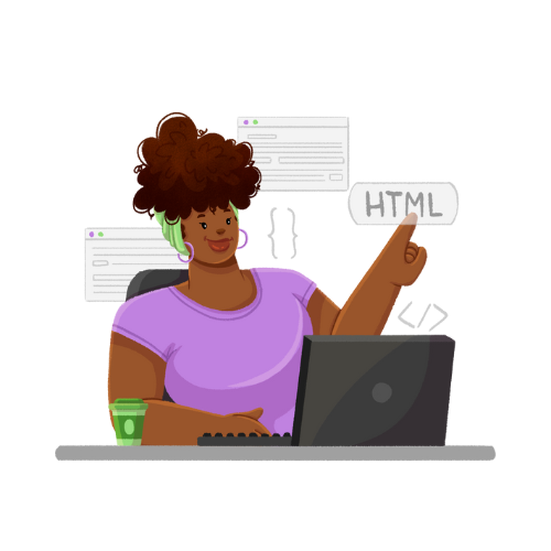 A girl working on laptop & pointing out html